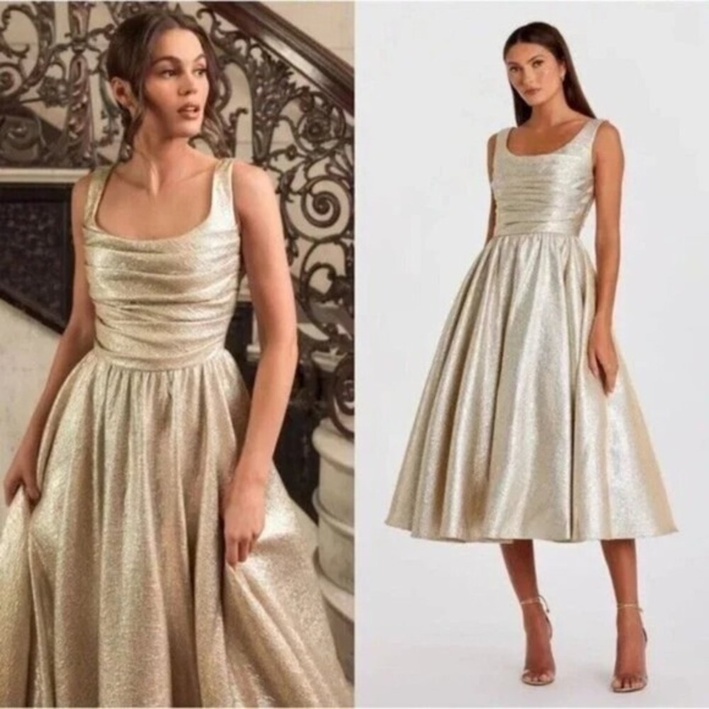 Mac Duggal Size 0 Oyster Gold Square Neck Pleated A-Line Midi Gown Dress